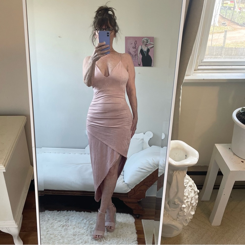 DUSTY PINK FAUX SUEDE ASYMMETRIC DRESS STRAPS ZIPPER SIDE SLIT STRETCH